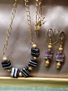 Gold-tone Black & Pink Striped Glass Bead Necklace and Earring Set